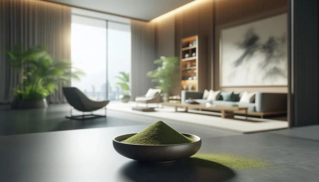 A bowl of kratom powder on a sleek table, with a modern living room featuring large windows and city views in the background