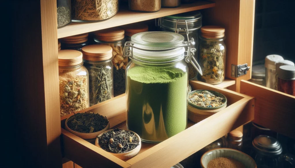 Large jar of green kratom powder surrounded by assorted herbal jars and bowls in a wooden cabinet.