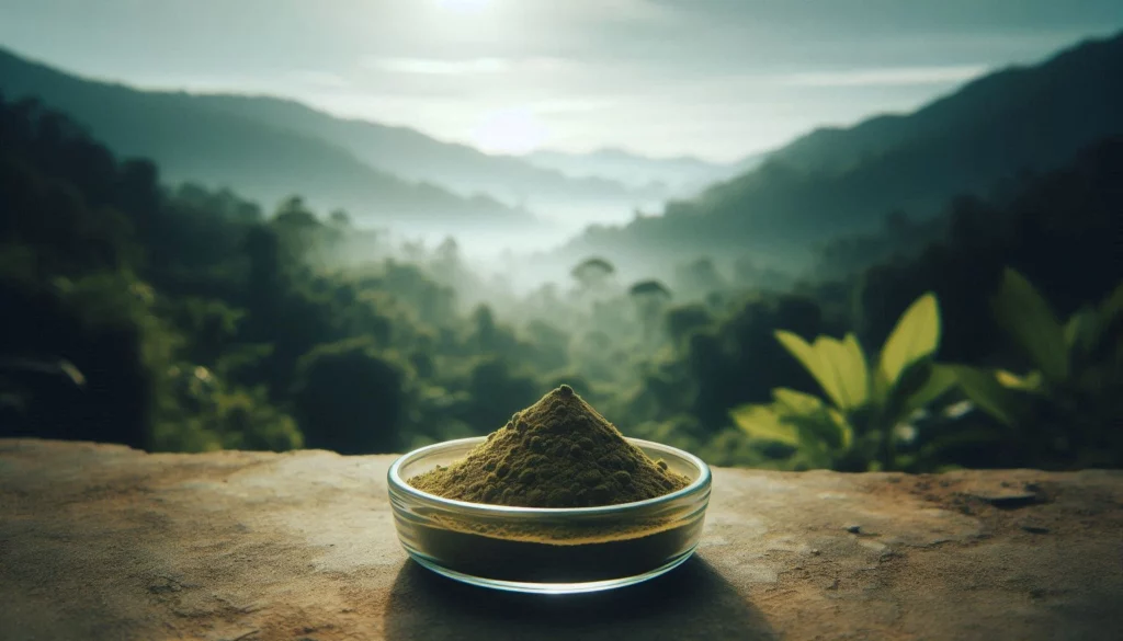 Glass bowl filled with green kratom powder against a misty mountain backdrop.