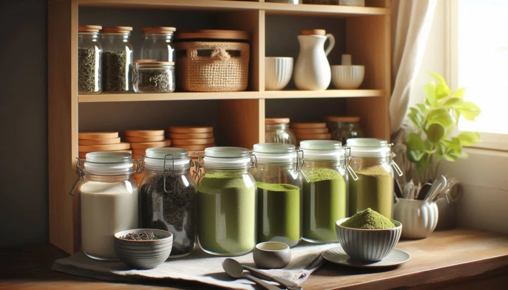 Assorted glass jars filled with kratom powder on a wooden shelf with natural light streaming in