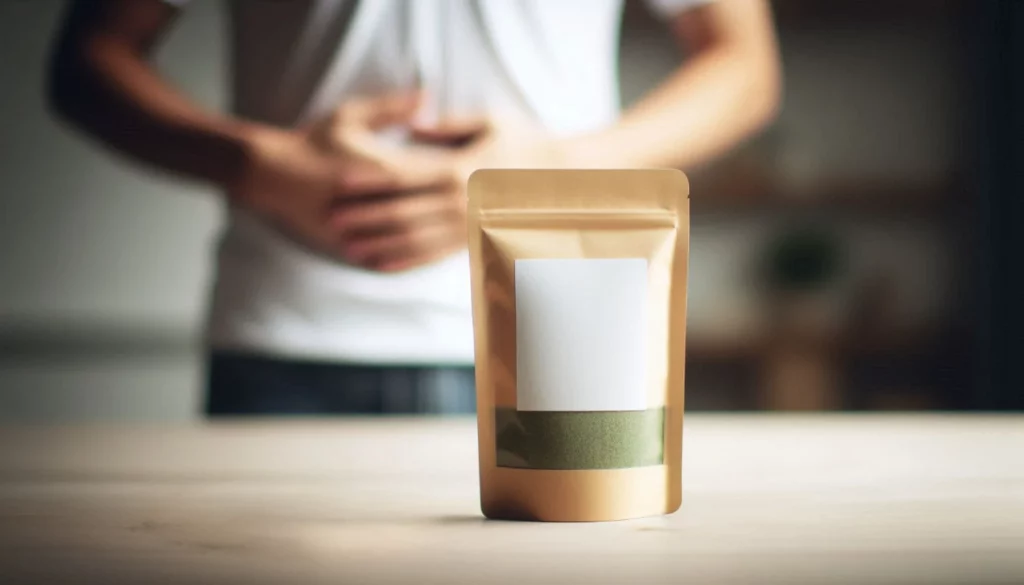 Person holding stomach with a blank-labelled kraft pouch of kratom powder on a wooden surface