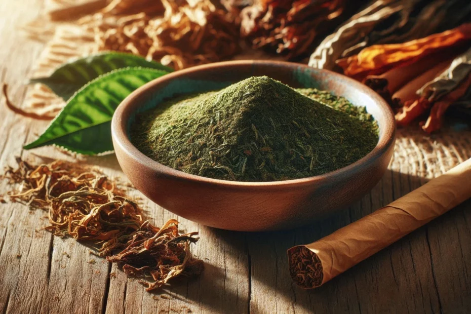 Kratom and nicotine with a wooden bowl of kratom powder with fresh leaves and rolled tobacco nearby