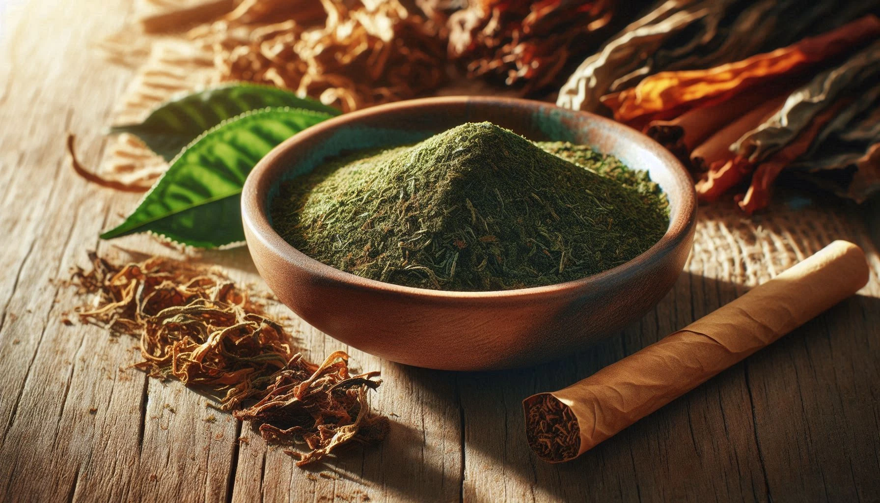 Kratom and nicotine with a wooden bowl of kratom powder with fresh leaves and rolled tobacco nearby