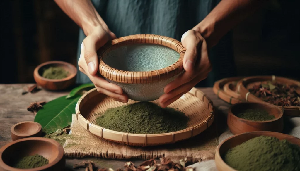 Hands sifting green kratom powder through a woven basket sieve over a wooden tray.