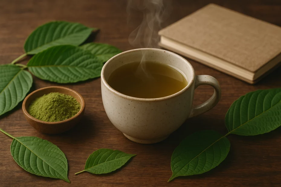 Potential lifestyle products on display with a warm kratom tea cup and bowl of kratom powder surrounded by green leaves