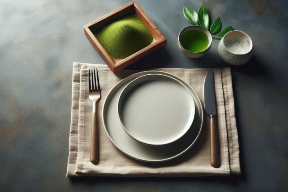 Table setting with a plate, fork, knife, wooden box of kratom powder, and cups of tea, highlighting kratom and weight gain