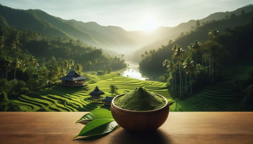 Green kratom powder in a wooden bowl with fresh leaves, overlooking lush terraced fields and a serene river valley