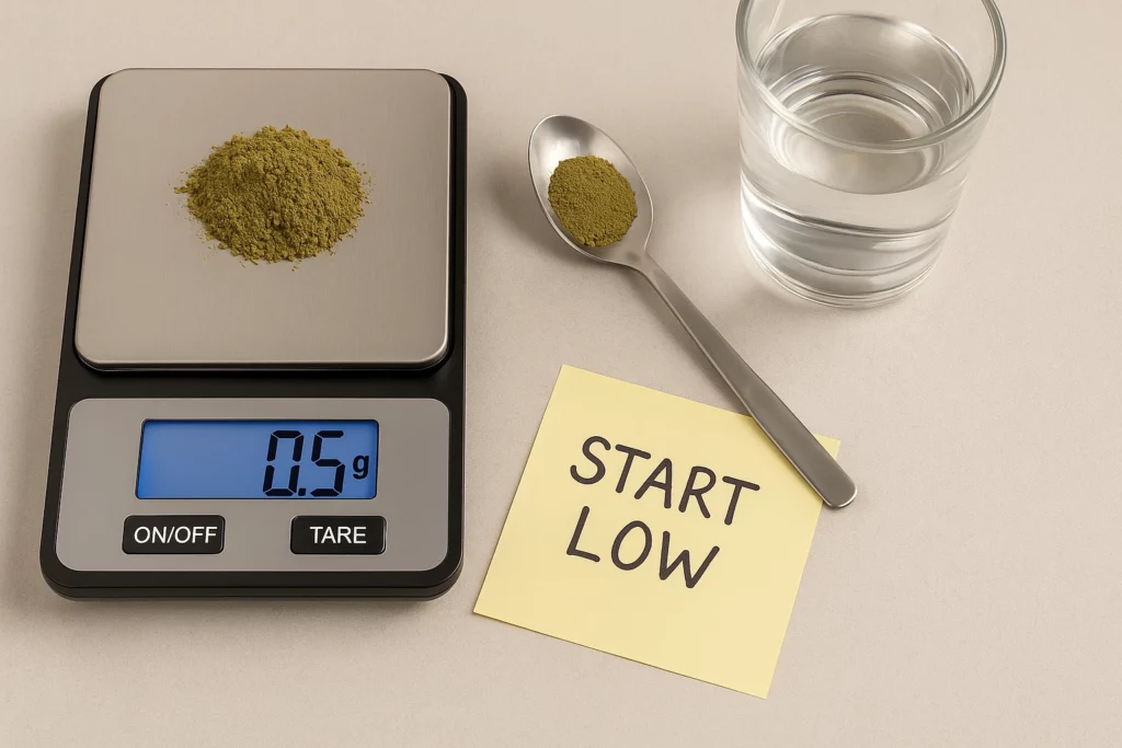 Digital scale displaying 0.5g with a pile of green kratom powder, a spoon with powder, a glass of water, and a note