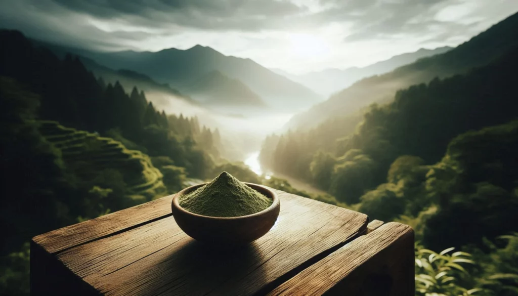 Wooden bowl of green kratom powder on a table with misty mountain landscape.