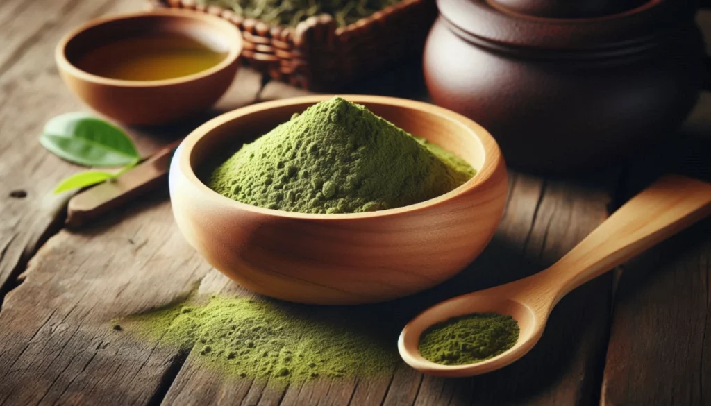 Wooden bowl filled with green kratom powder alongside a spoon and traditional tea items.