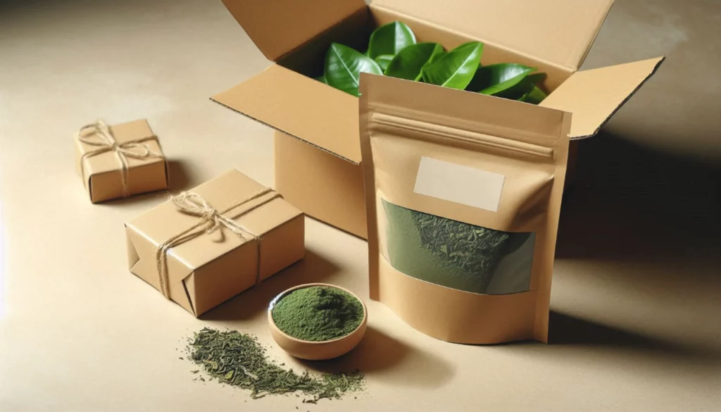 Open cardboard box with green kratom leaves, sealed pouch, and wooden bowl of powder, alongside tied gift boxes