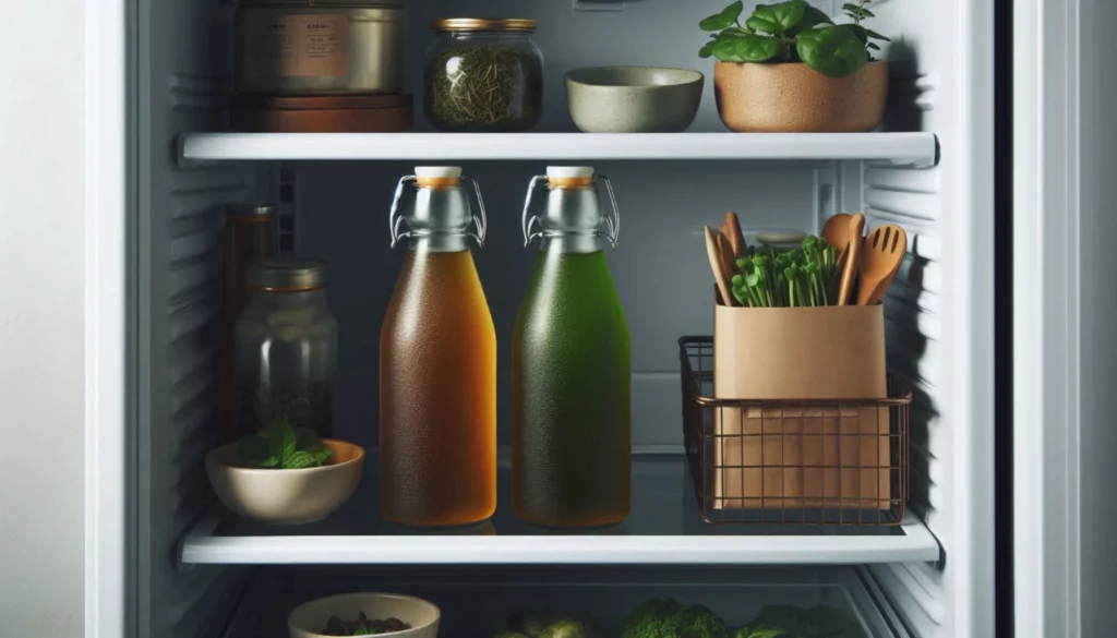 Two bottles of cold brew kratom tea, one amber and one green, stored in a refrigerator with fresh herbs and jars.
