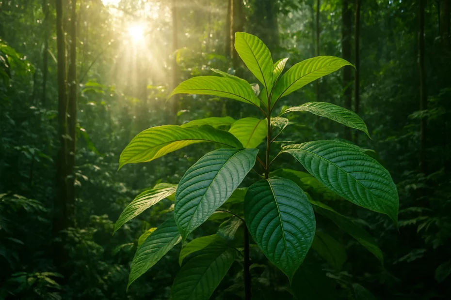 Lush kratom tree with broad green leaves illuminated by sunlight exposure in a dense forest