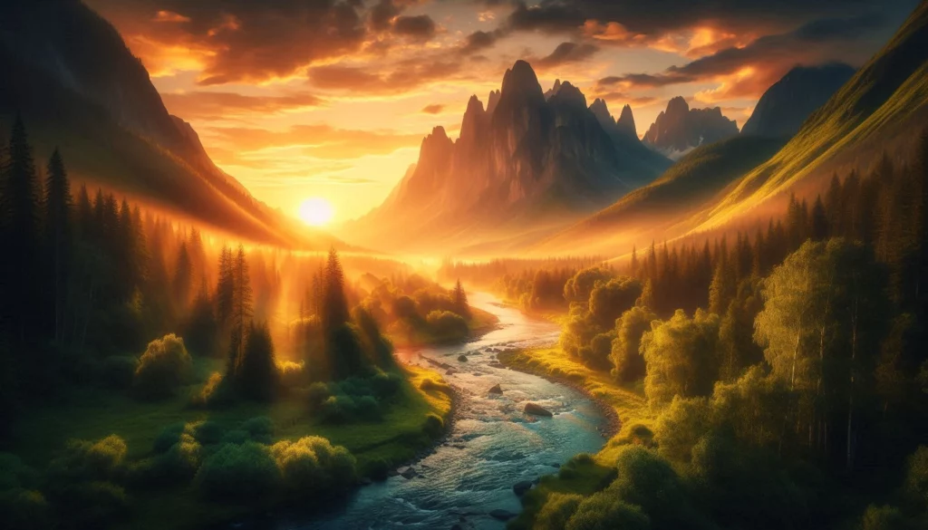 Majestic mountain range with a river flowing through lush forest at sunset