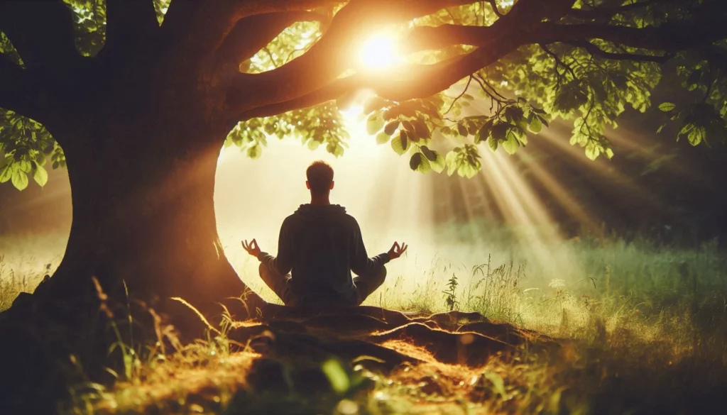 Silhouette of a person meditating in lotus pose under a large tree with sunlight streaming through branches