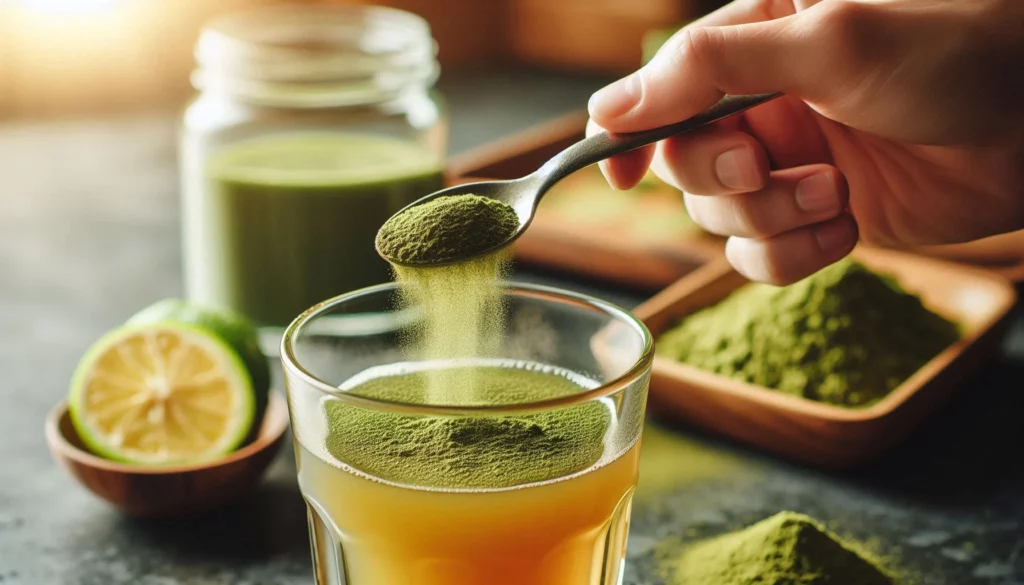 Hand pouring kratom powder from a spoon into a glass of orange juice, with a lime and powder bowl nearby.