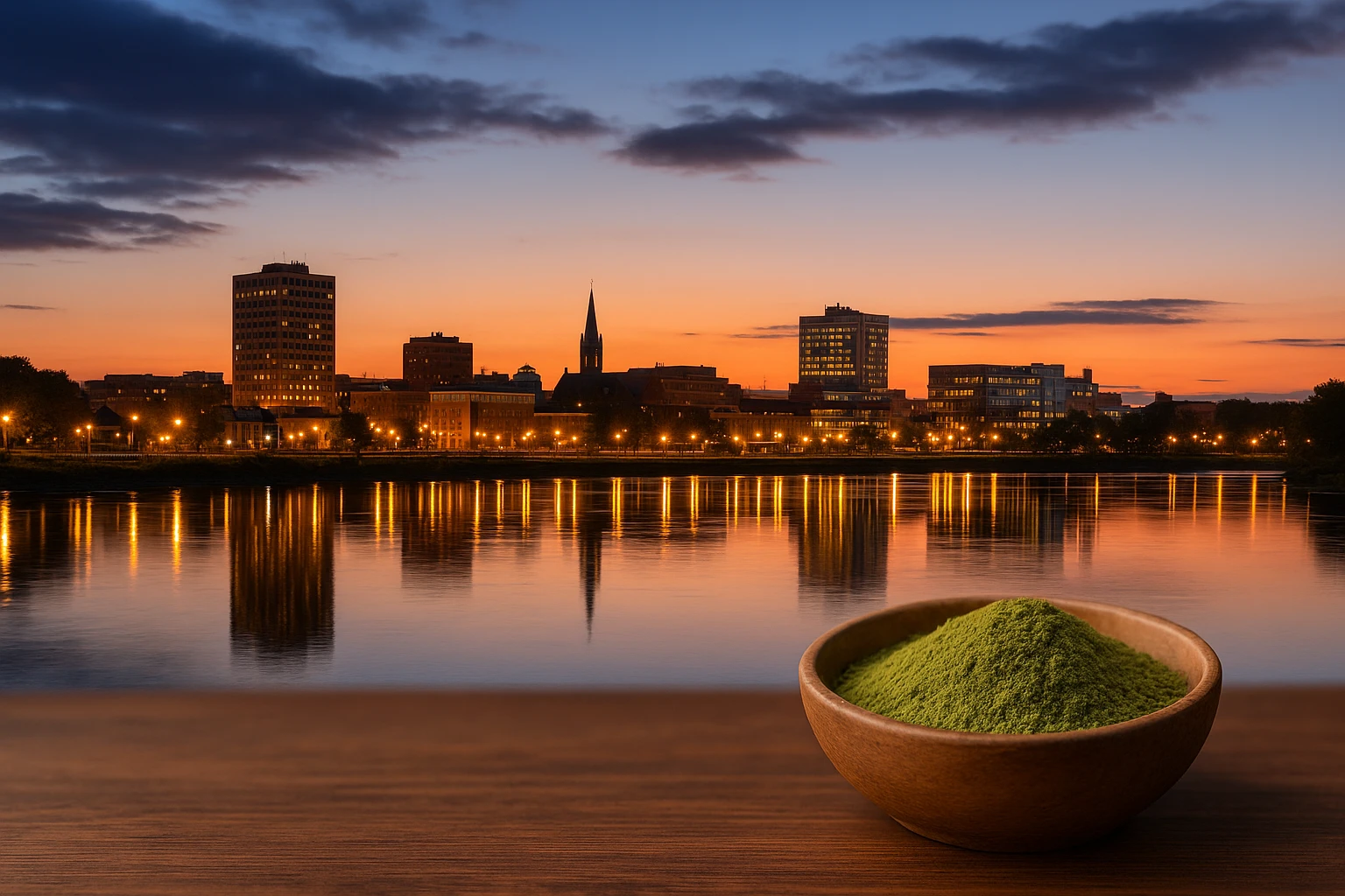 Kratom in Moncton with a bowl of powder on a wooden surface with the cities skyline and river reflection at sunset