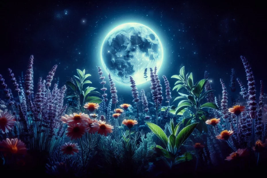 Lunar herbalism with flowers and vivid greenery illuminated by a large, glowing full moon against a starry night sky
