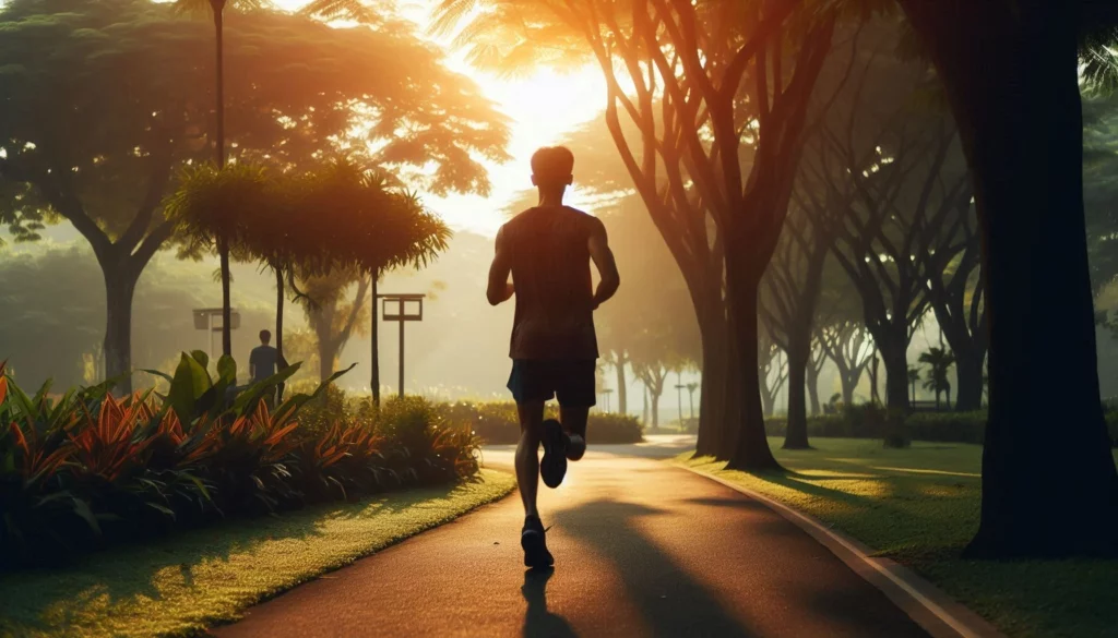Silhouette of a runner jogging on a tree-lined path during sunrise, with lush greenery and another person in the distance