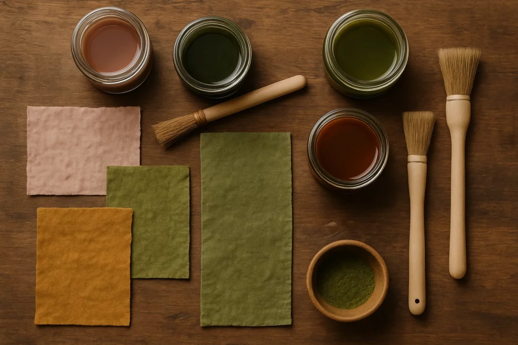 Assortment of natural dyes in jars, dyed fabric samples, brushes, and kratom powder pigment on a wooden surface
