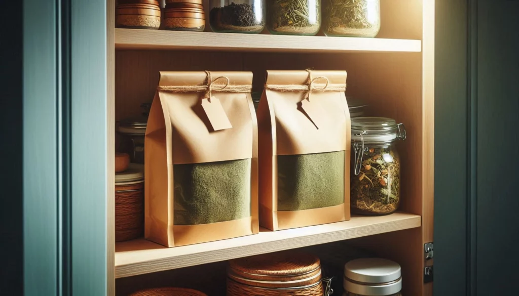 Two kraft paper bags filled with kratom powder, stored on a wooden shelf alongside glass jars of herbs and spices