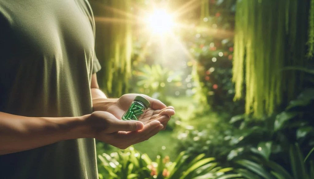 Person in green shirt holding a bottle of kratom capsules in lush greenery