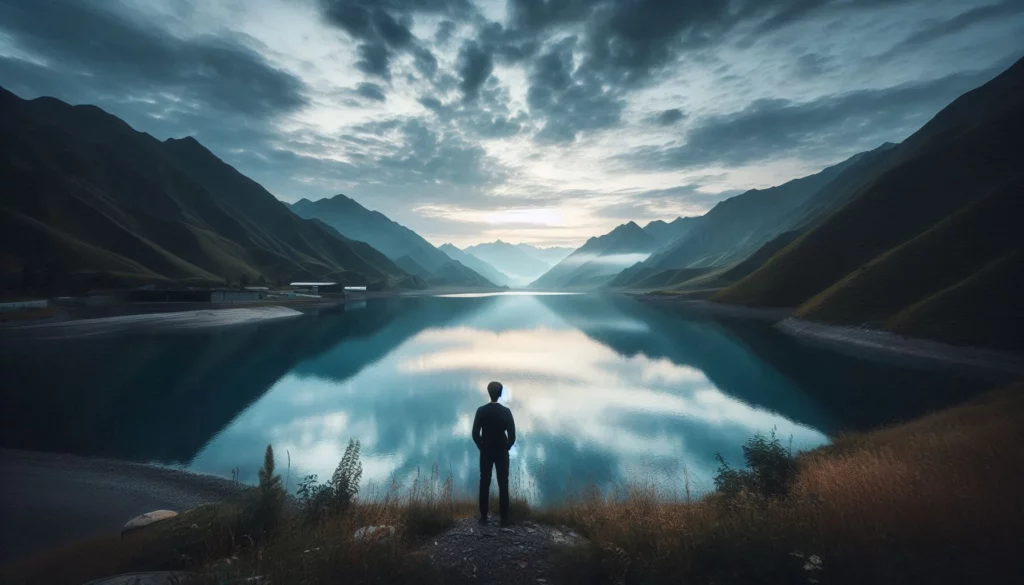 A person standing on a grassy shore gazing at a serene lake surrounded by towering mountains under a cloudy sky