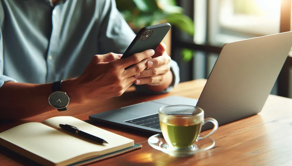 Person using a smartphone at a wooden desk with a laptop, notebook, pen, and a cup of tea nearby