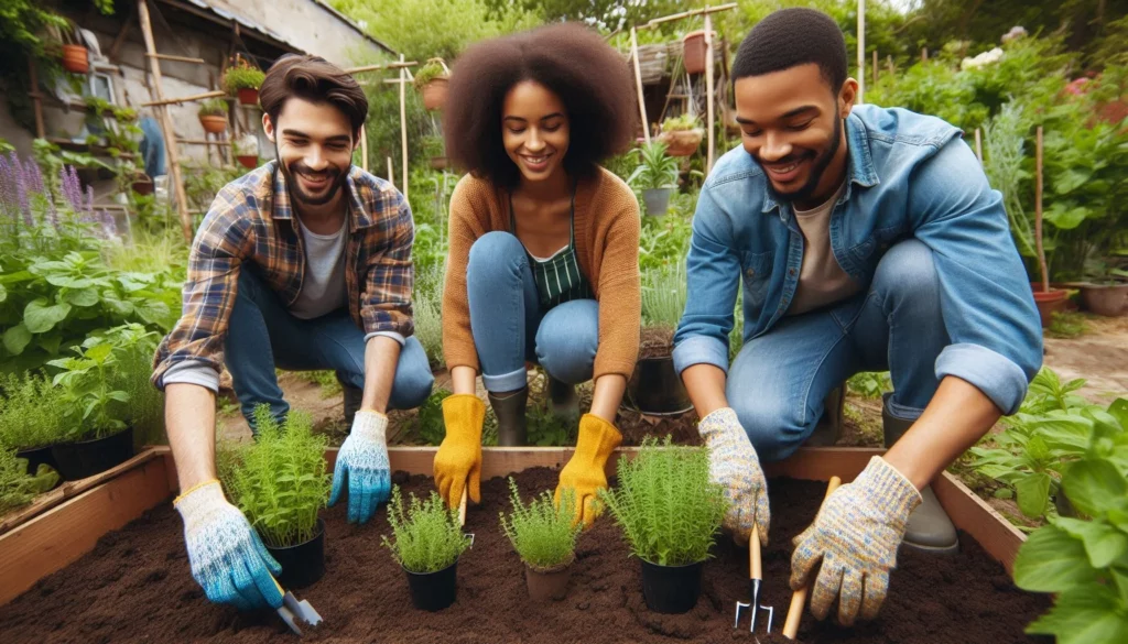 Three smiling individuals wearing gloves planting small herb pots in a raised garden bed