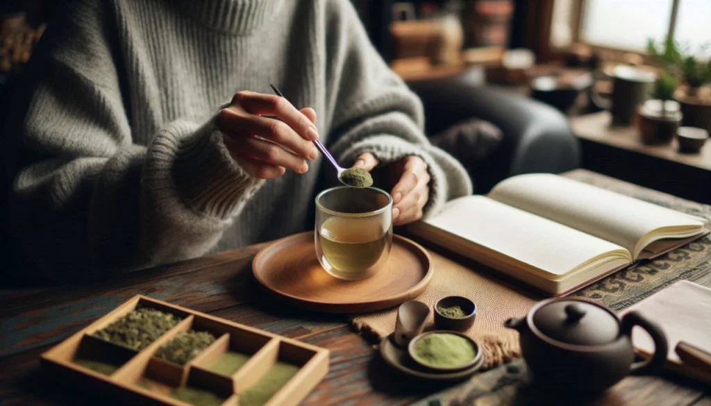 Person pouring green kratom powder into a glass cup on a wooden tray with tea set and open book
