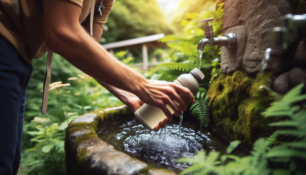 Person filling a reusable water bottle at a stone fountain in a lush forest