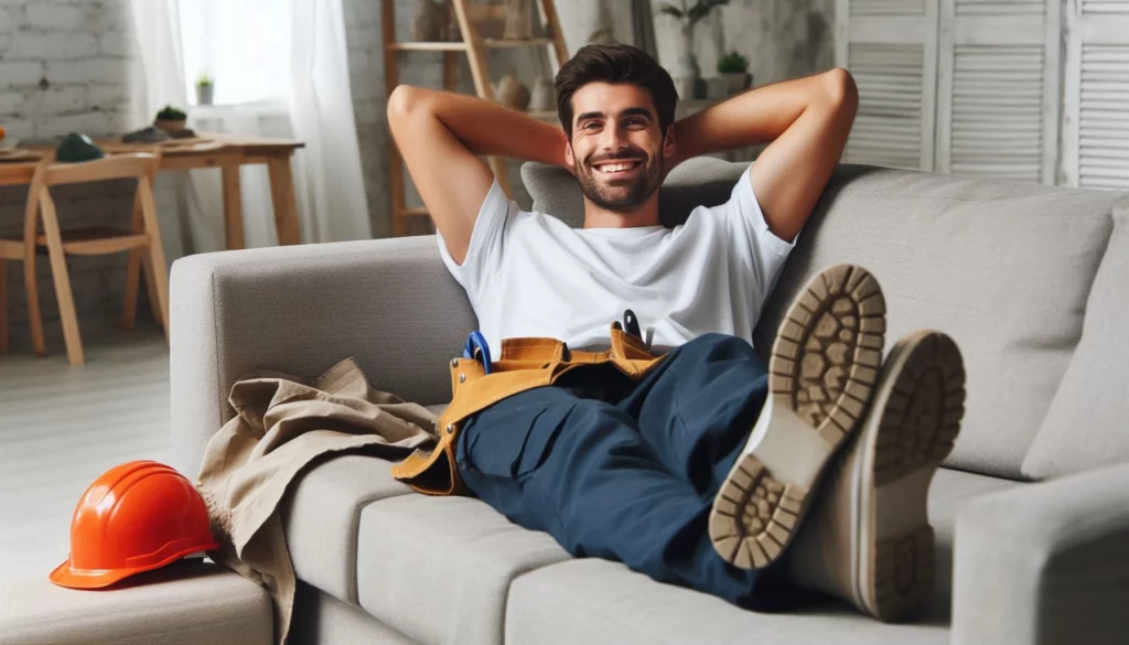 Man relaxing on a gray couch with hands behind head, wearing work boots and tool belt, orange hard hat nearby