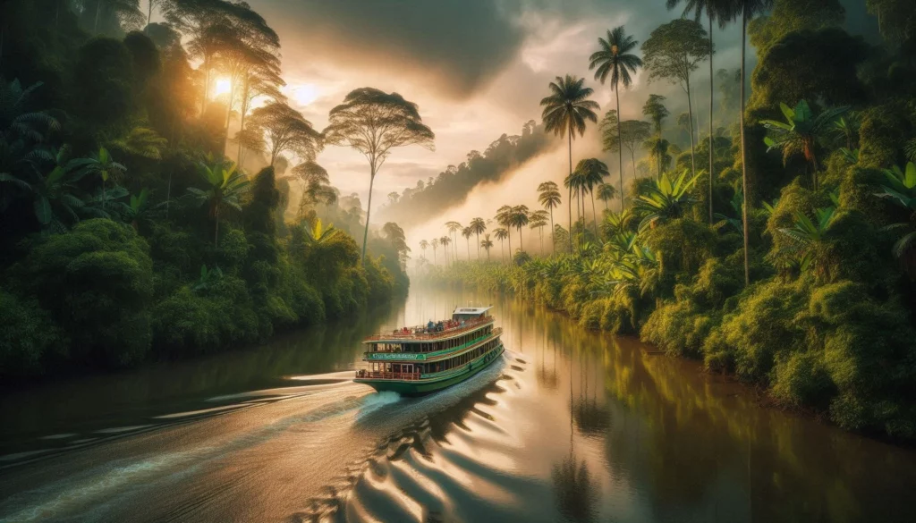 A riverboat navigating through dense tropical jungle in Southeast Asia.