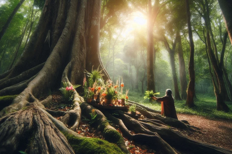 A person in robe performing a sacred reciprocity ritual with flowers and candles near a massive tree root in a forest