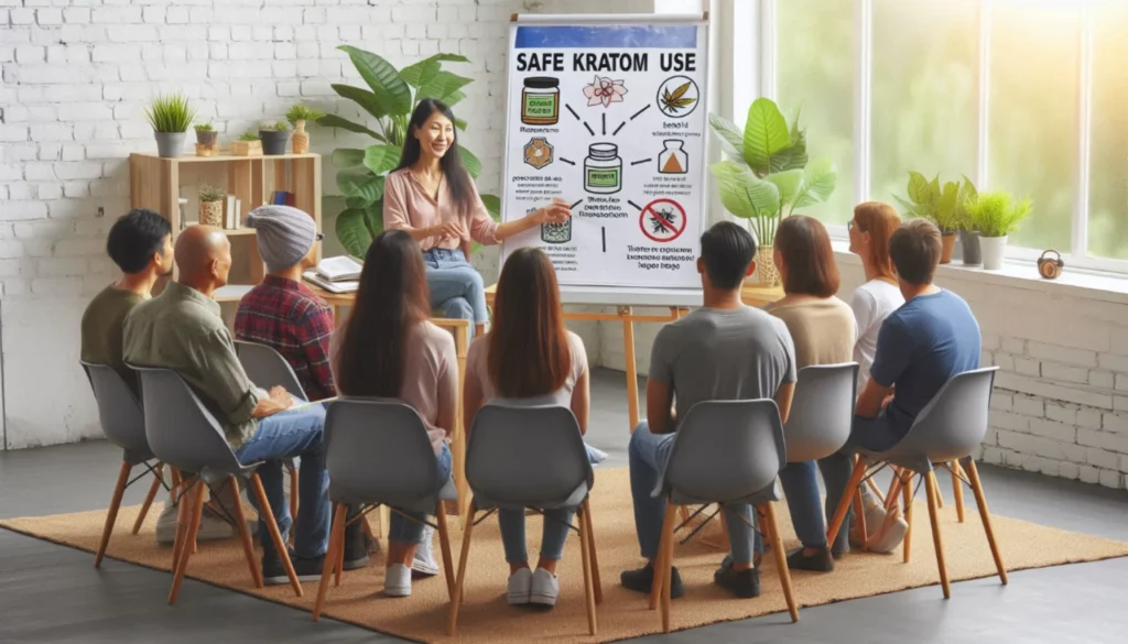 Group of people seated in a circle listening to a presenter explaining a "Safe Kratom Use" chart with diagrams.