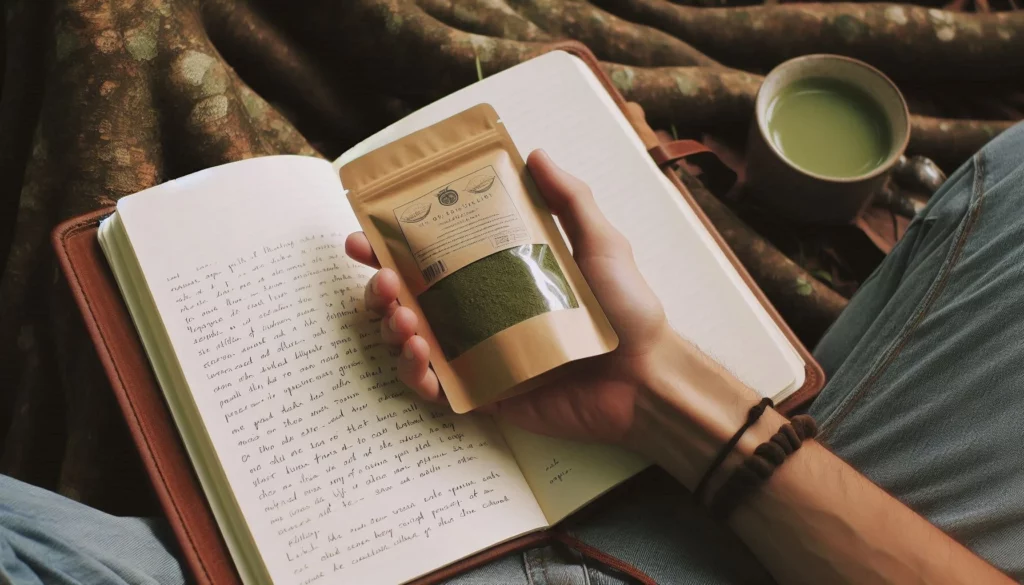 Hand holding a sealed kratom packet over an open notebook, with a cup of kratom tea nearby