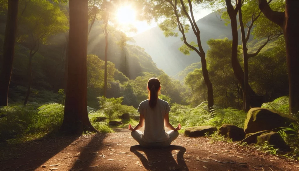 A woman practicing yoga in a peaceful forest with sunlight filtering through trees.