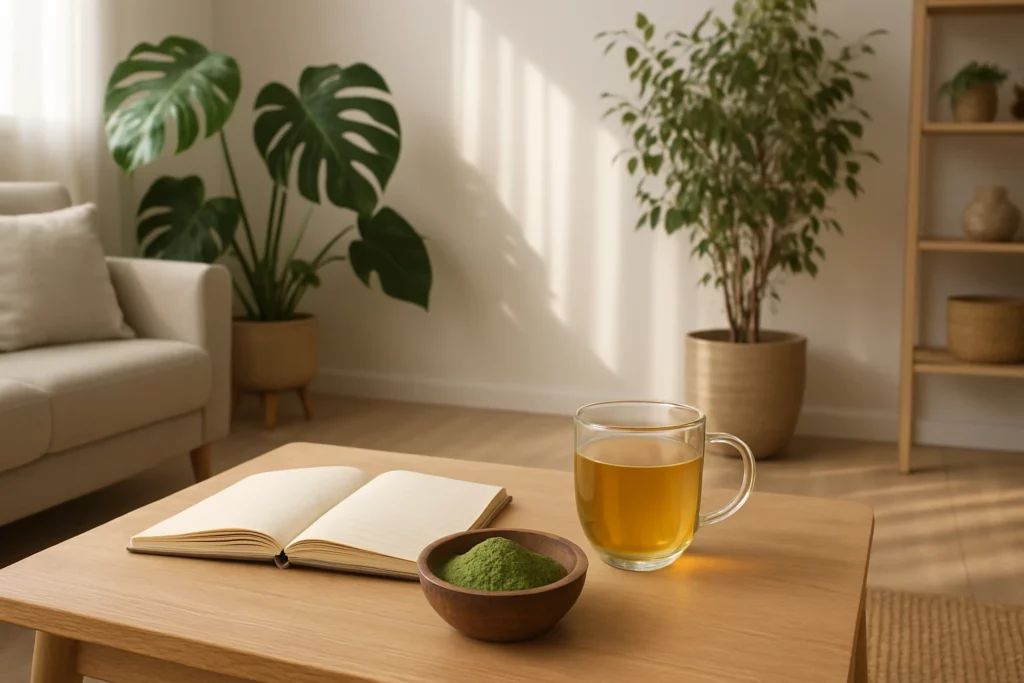 Serene living room featuring a wooden table with a bowl of kratom powder, a glass of tea, and an open notebook, surrounded by lush indoor plants