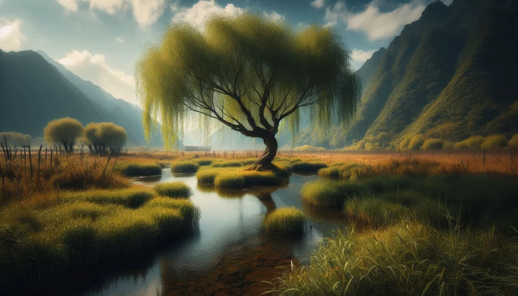 Majestic willow tree standing in a serene marsh surrounded by grassy patches and distant mountains under a partly cloudy sky.