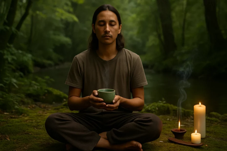 Person meditating while holding a cup of kratom tea with lit candles nearby in a forest, a nod to kratom in spiritual practices