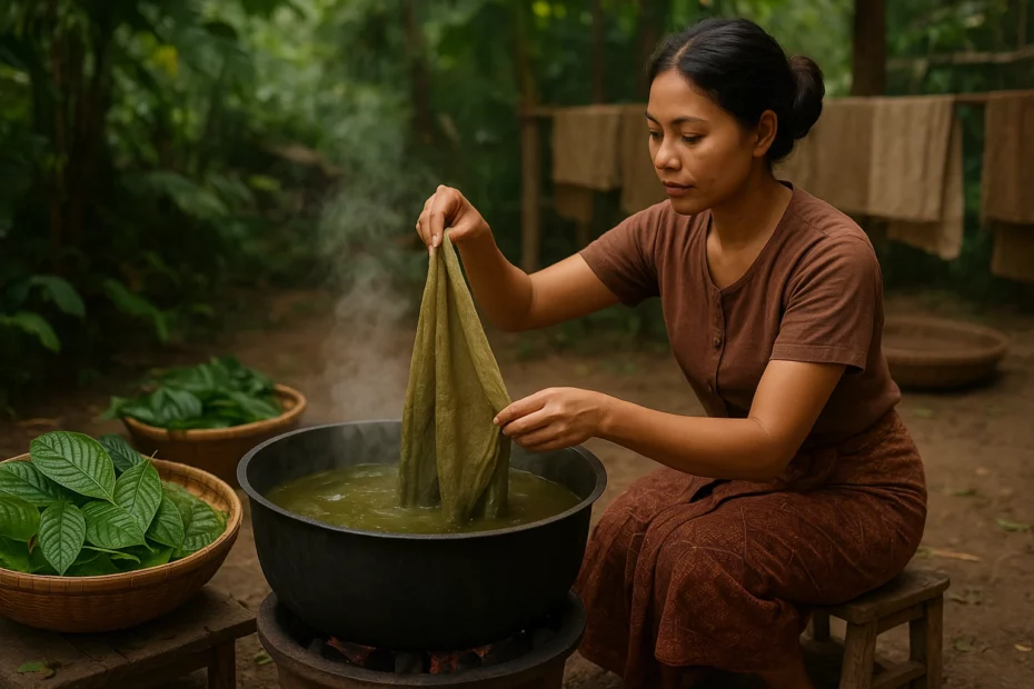Person partaking in kratom dyeing with fabric in a steaming pot, surrounded by baskets of green leaves and hanging cloths