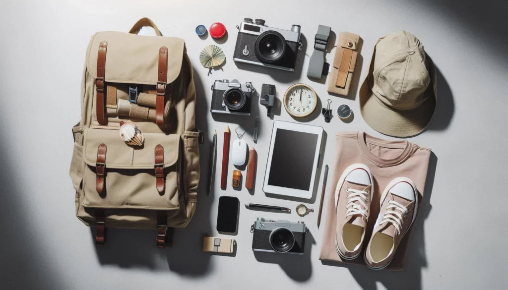 Vintage backpack with leather straps, cameras, a tablet, hat, shoes, and travel accessories neatly arranged.