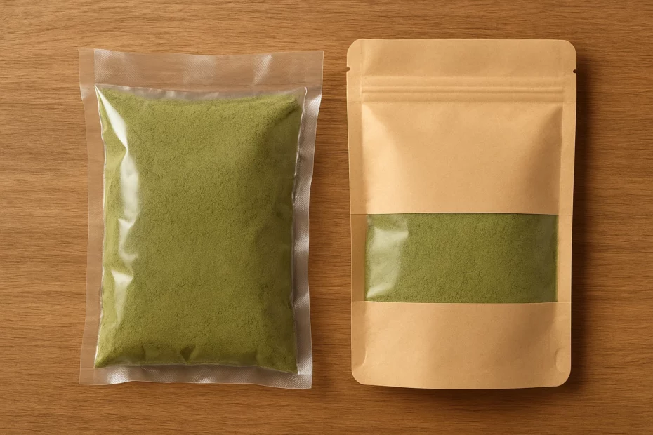 Two packs of green kratom powder, one vacuum-sealed and one kraft paper with a window, symbolizing long-term kratom storage