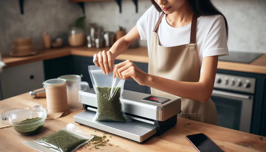 Person in an apron using a vacuum sealer to package green kratom, with a bowl and additional bags on a wooden kitchen counter