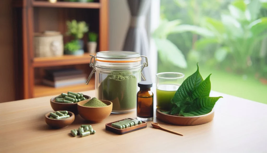 Kratom powder in a glass jar, capsules in wooden bowls and fresh leaves on a table.