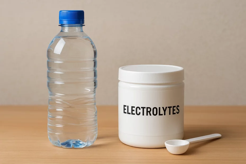 Plastic water bottle next to a container of electrolyte powder with a scoop on a wooden surface