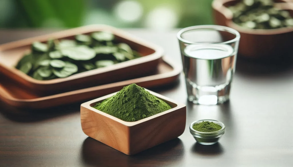 Close-up of kratom powder in a wooden bowl, surrounded by dried leaves in trays and a glass of water