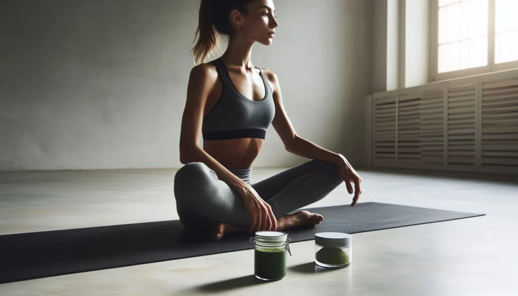 Woman in athletic wear, meditating on a mat with kratom powder jars nearby