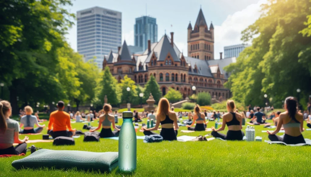 Group of people practicing yoga in a park with a historic building and modern skyscrapers in the background