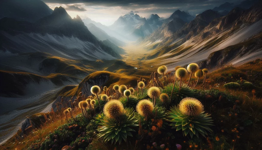 Alpine landscape with rugged mountains, golden sunlight, and clusters of dandelion-like flowers on a grassy hillside with rolling valleys